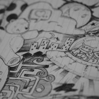 Intricate black and white doodle illustration featuring aliens in a UFO amidst imaginative cityscape and robots.
