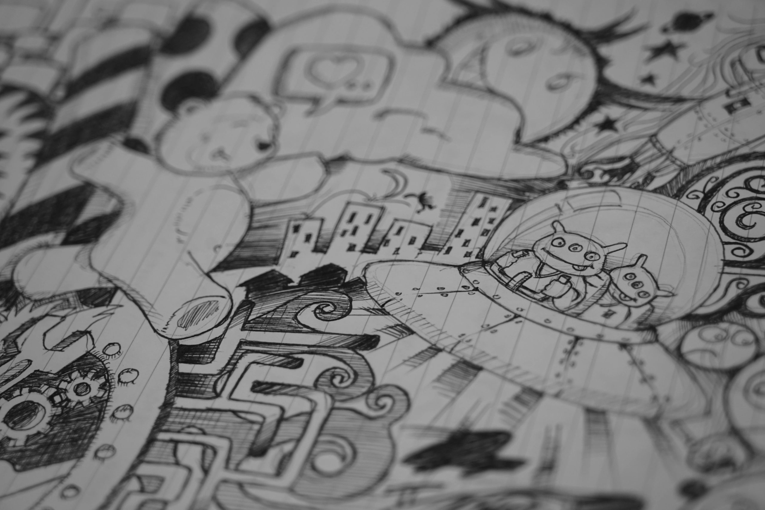 Design, Engineering & Project Management Intricate black and white doodle illustration featuring aliens in a UFO amidst imaginative cityscape and robots.